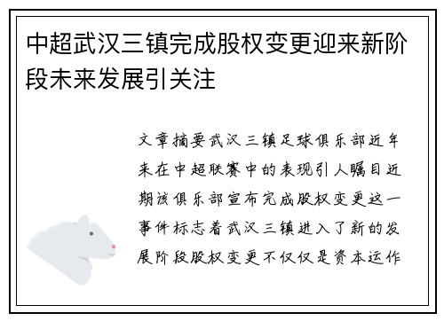 中超武汉三镇完成股权变更迎来新阶段未来发展引关注